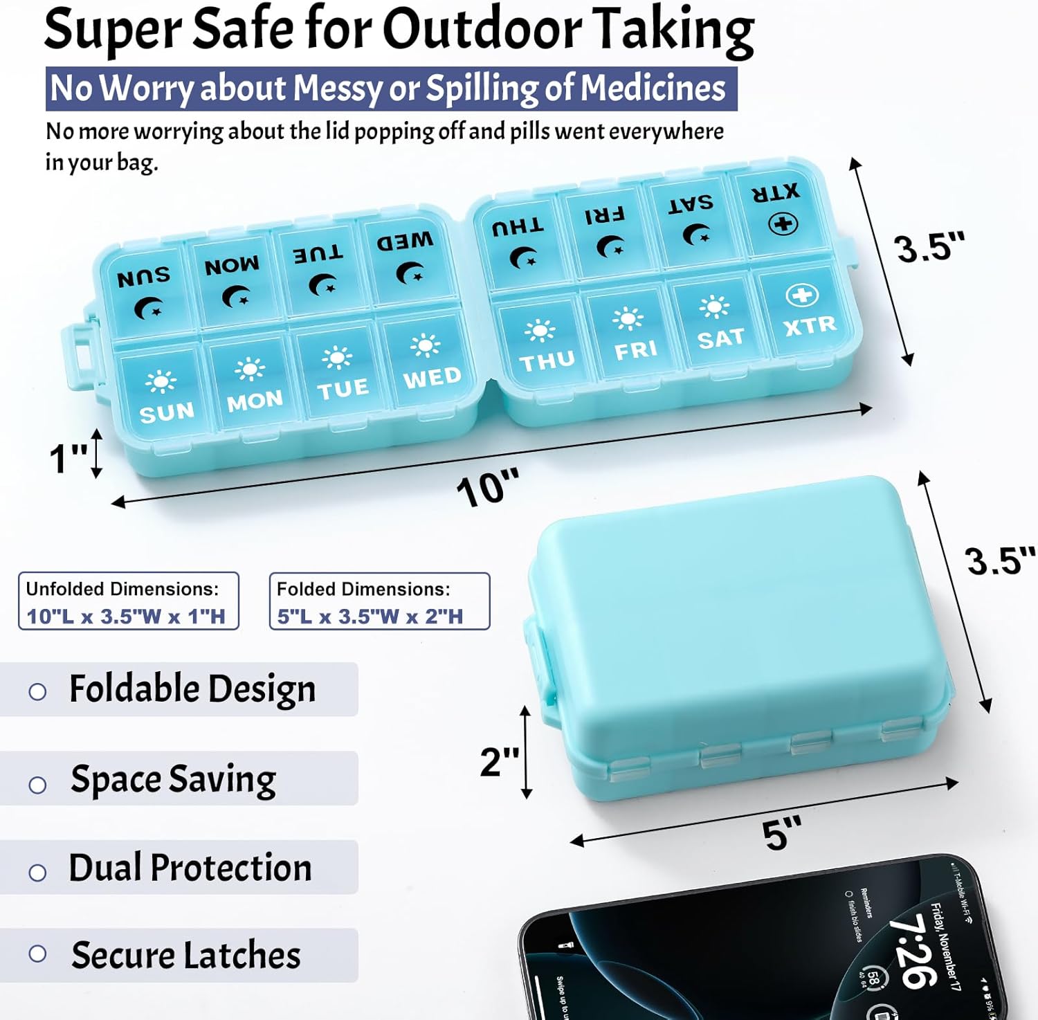 Foldable Weekly Pill Organizer 2 Times a Day with 2 Extra Compartments (Clear Printed Labels) - Portable 7 Day AM PM Medicine Box, Week Daily Travel Pill Case Holder for Vitamin, Supplement - Sky Blue Sky Blue AM & PM & EXTRA