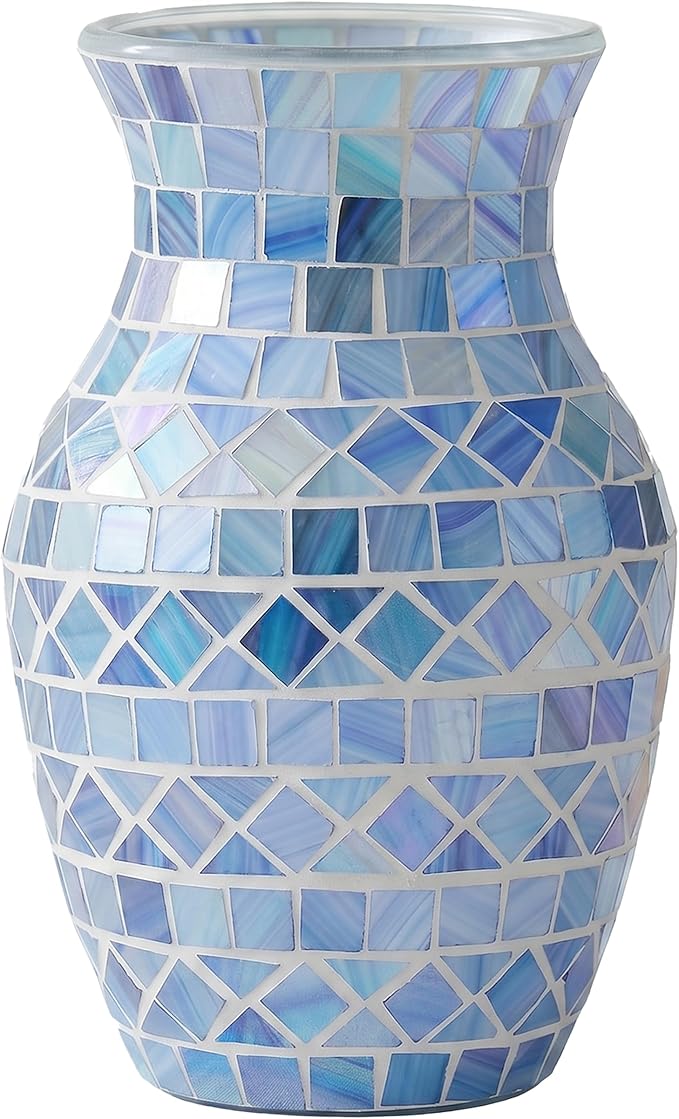 Mosaic Tile Decorative Vase, Navy Blue and Grey Tonal Glass Tiles, Ovoid Shape