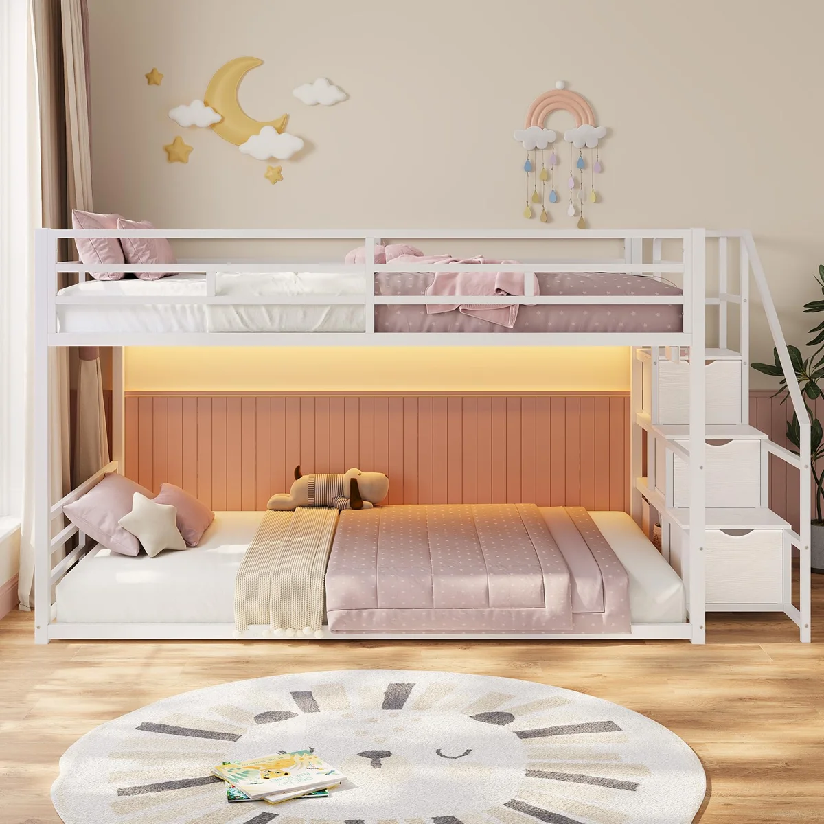 Box b  Bunk Bed With Storage Staircase, Drawers And Shelves, Led Lights, Power Outlet, Full-length Guardrail, For Small Space