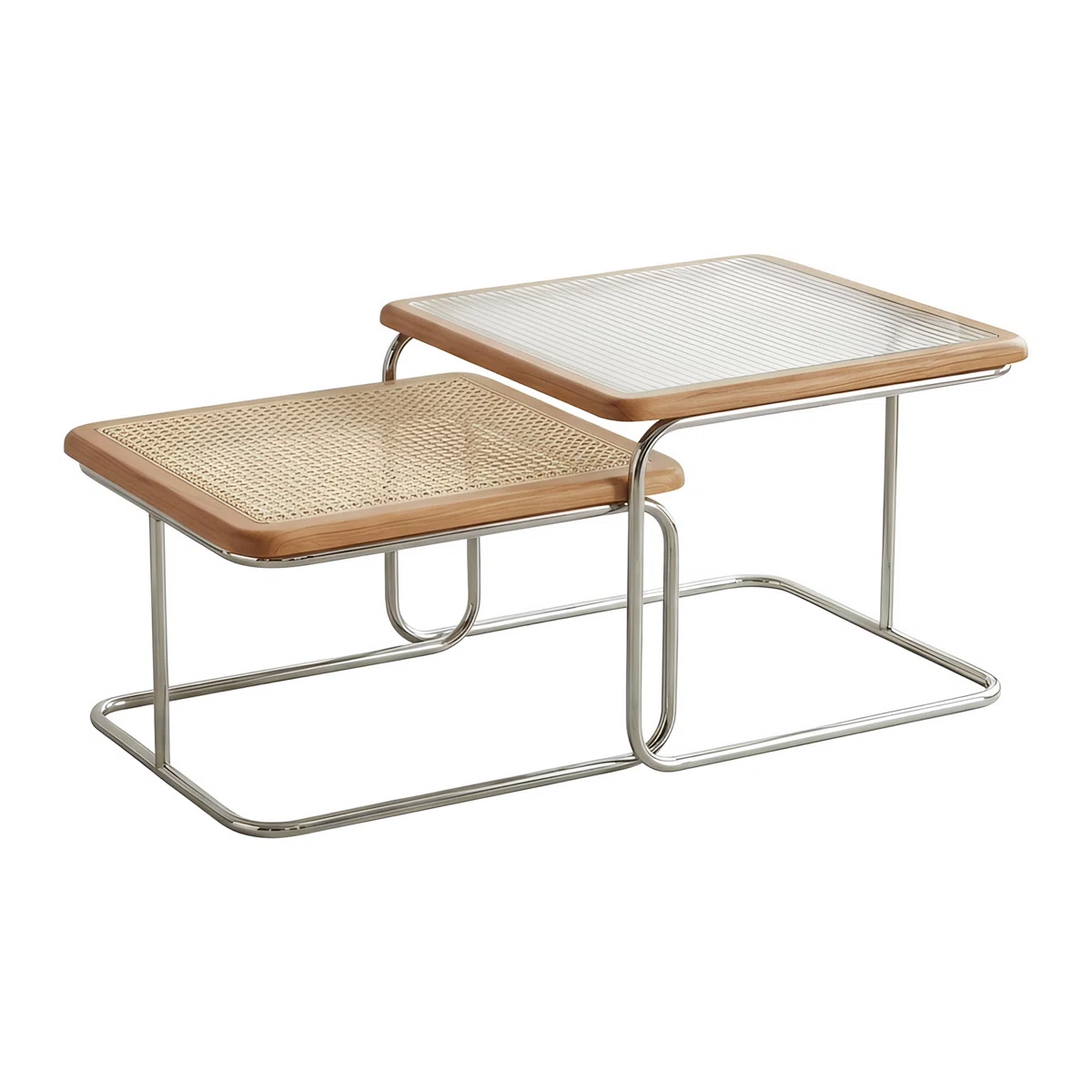 Steel-framed Nesting Coffee Table With Stackable Legs, Featuring A Cherry-colored Tabletop Crafted From Rattan Weave And Glass, Scratch-resistant And Waterproof.