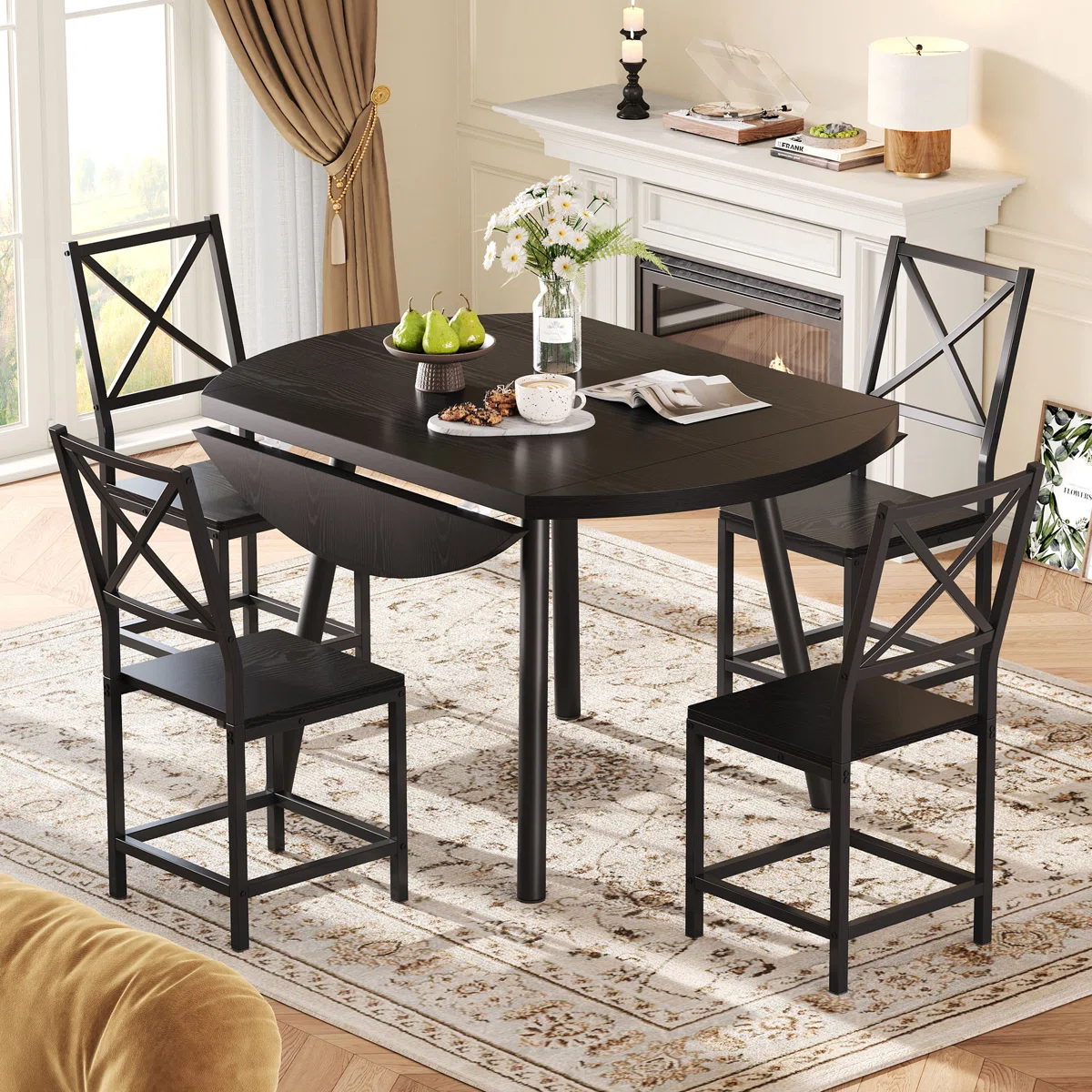 Dining Table Set For 4, Round Kitchen Table And 4 Stool Chair For Dining Room, 44.5inch Drop Leaf Desk, Small Space Saving