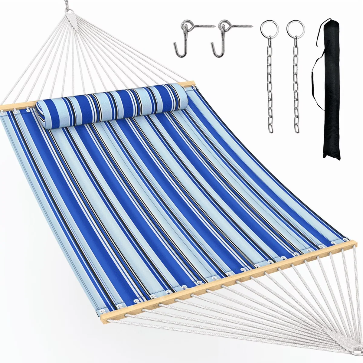 2 Person Cotton Rope Hammock with Removable Polyester Pad, 500LBS Capacity, Portable & Adjustable Design, Includes Storage Bag, Indoor Outdoor Use