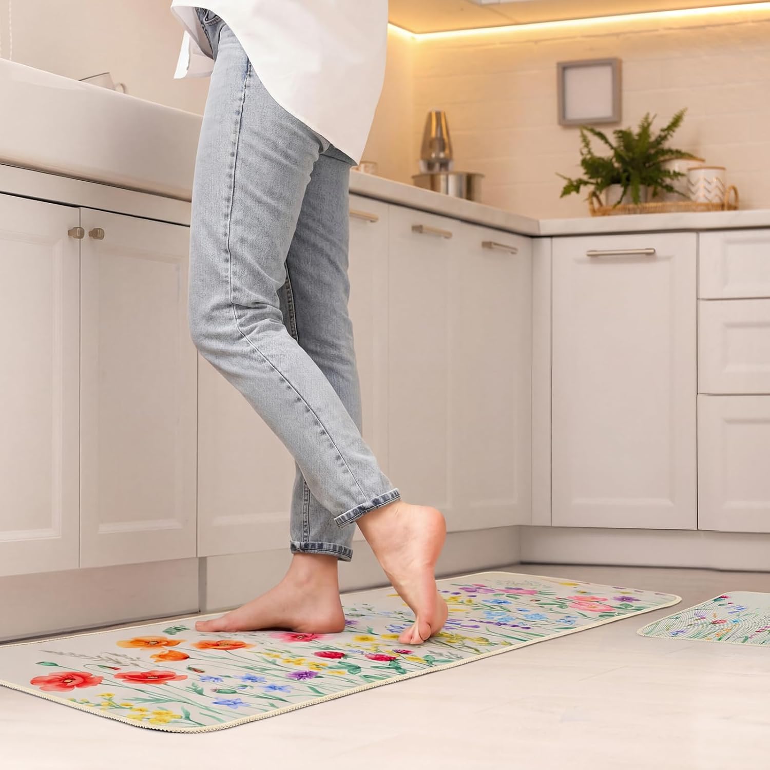 Dunzy Spring Anti Fatigue Kitchen Mat Floral Floor Rugs Sets of 2 Non Slip Cushioned Standing Mat for Farmhouse Sink, Laundry, Desk, Home 17x 47+17x 30