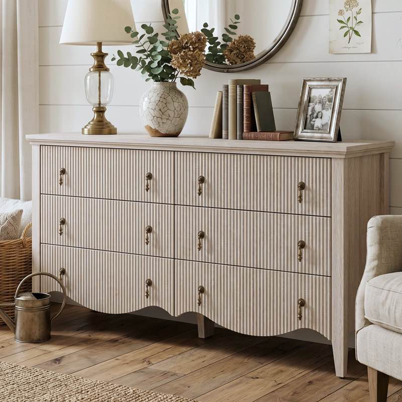 Avenall 6-drawer Double Dresser With Fluted Design, Vintage Wide Chest Of Drawers With Scalloped Base, Organic Modern Storage Cabinet For Bedroom, Walnut Finish