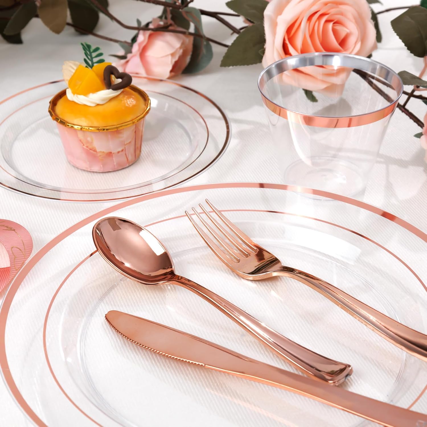 bUCLA 600PCS Clear Rose Gold Plastic Dinnerware Set Disposable - Include 100 Dinner Plates, 100 Dessert Plates, 100 Knives, 100 Forks, 100 Spoons, 100 Cups for Party, Wedding & Mother's Day Clear Rose Gold 600