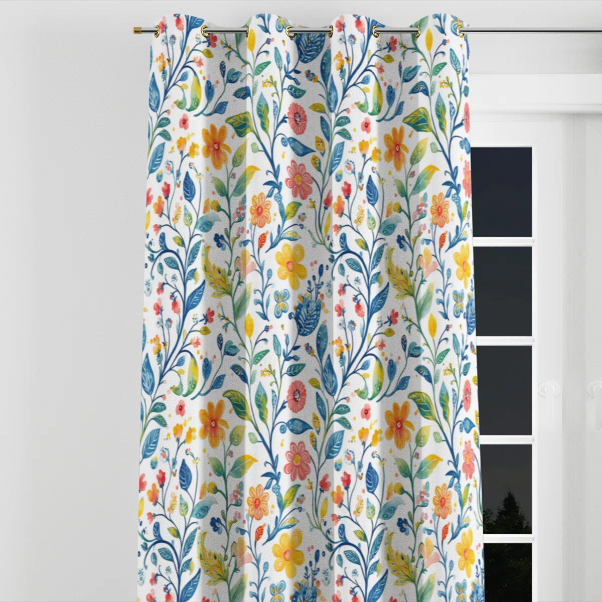 Boho Curtains - Blue Colorful Summer Paisley Gardens Grommet Curtain - 1 Panel