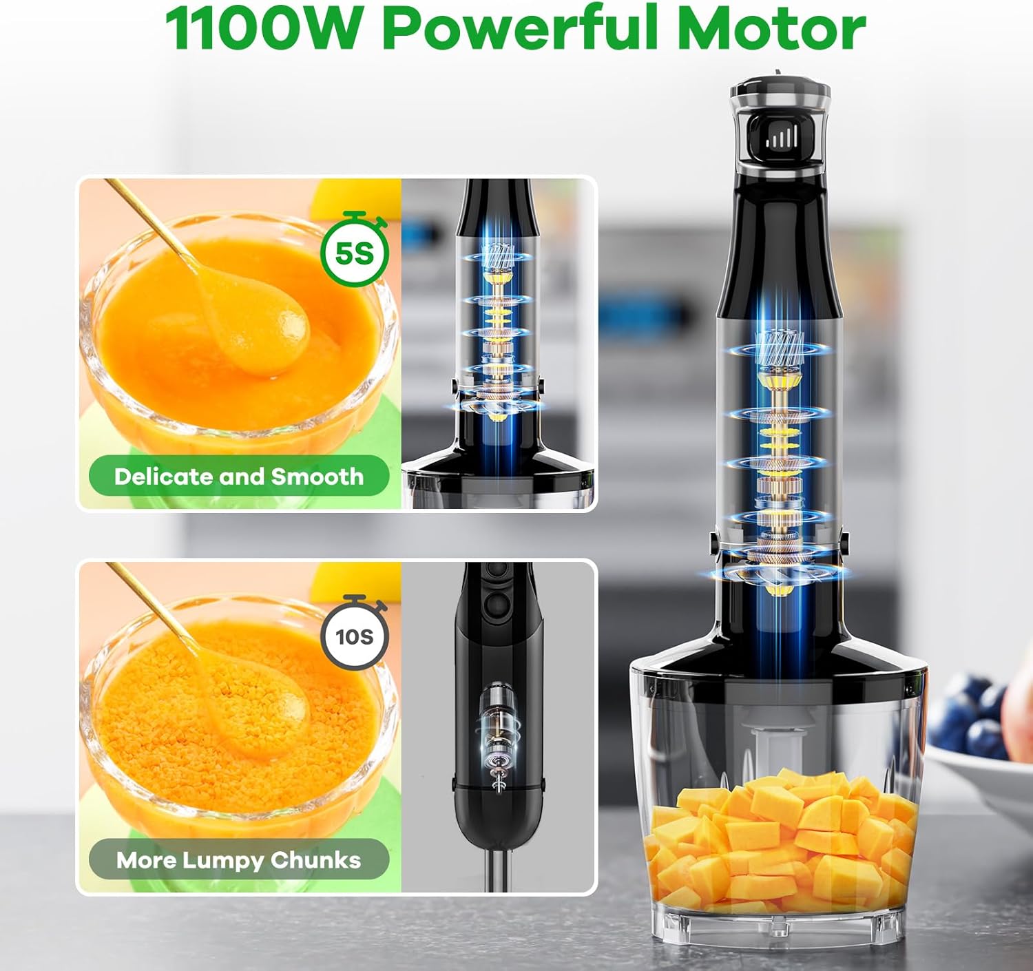 Immersion Blender Handheld Corded Hand Blenders Set 1100W, Trigger Variable Speed 5 in 1 Stick Emulsifier with Chopper, Whisk and Frother for Soup, Baby Food and Smoothies Black