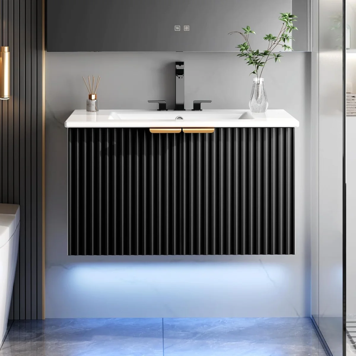 30" Wall Mounted Floating Bathroom Vanity with Sink & LED Light