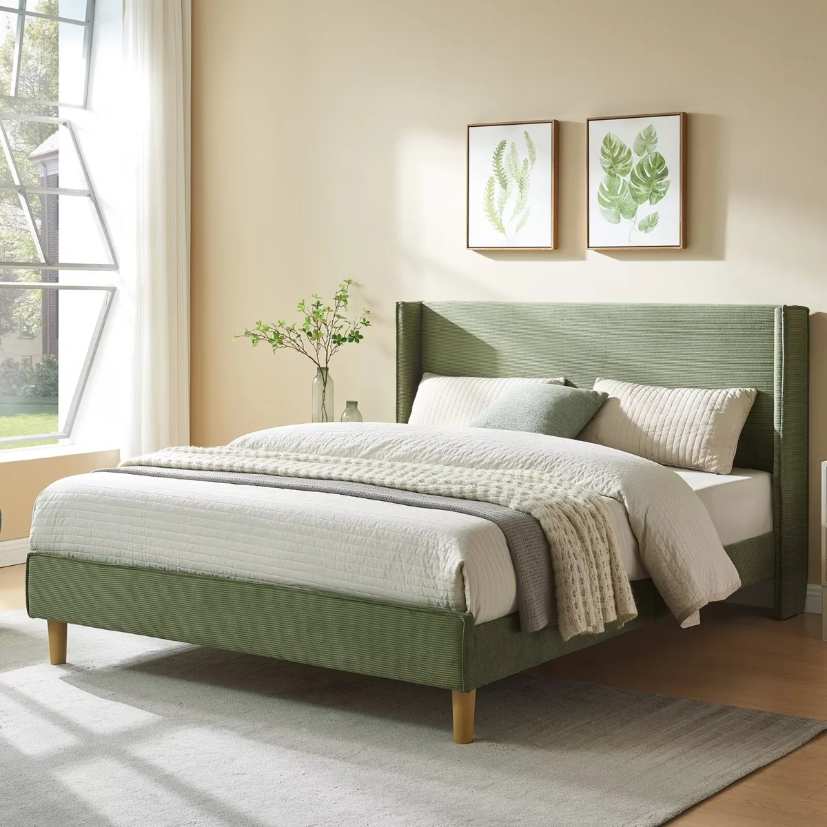 Janine Corduroy Upholstered Wingback Bed with Slat Kit and Solid and Manufactured Wood Frame