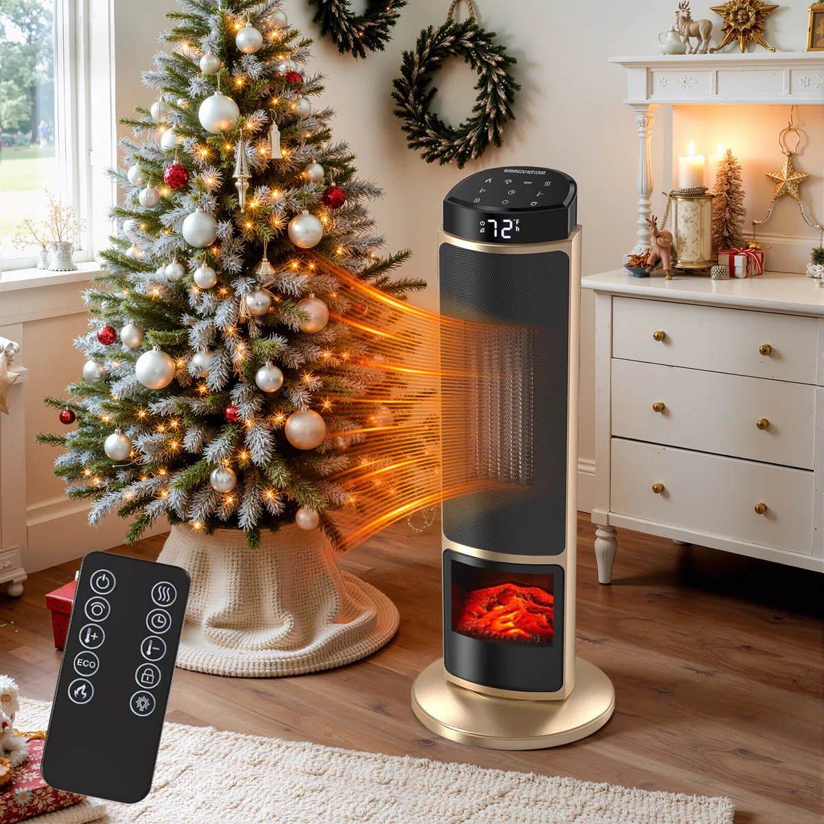 23" Portable Indoor Space Heater With Remote, Thermostat, 7 Light Modes, 70° Oscillation & 12H Timer