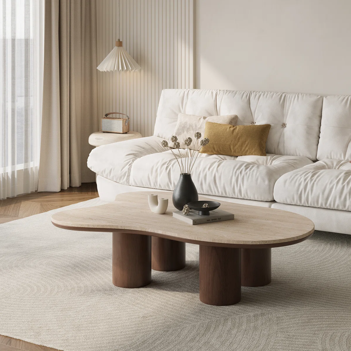 48'' Cloud Coffee Table With Four Wood Legs, Unique Stone And Solid Wood Tabletop