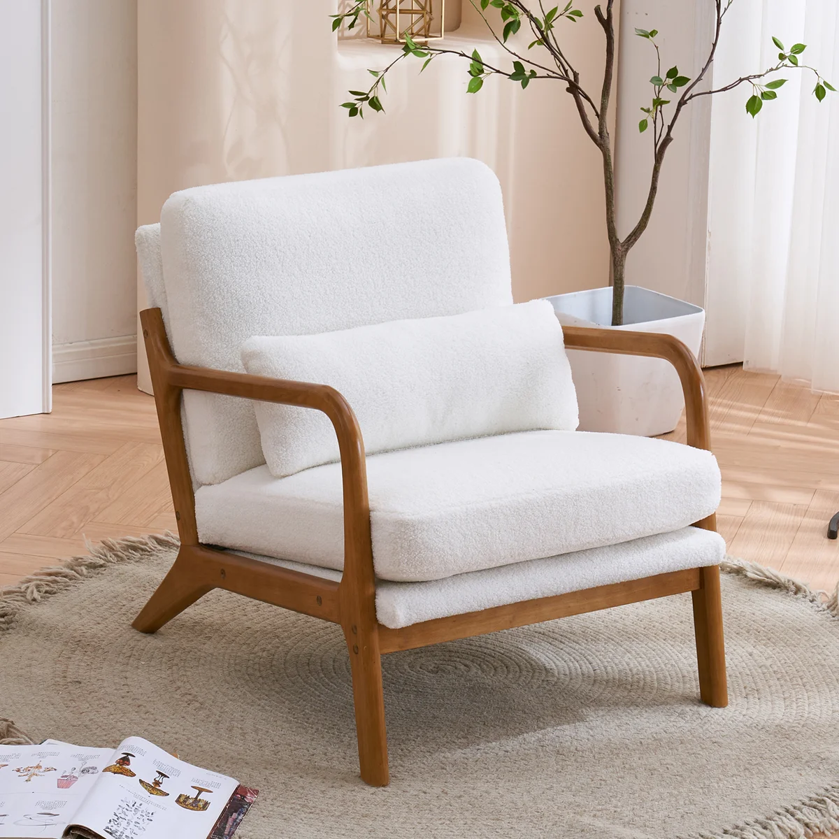 Elizabeth Mid Century Solid Wood Accent Chair Upholstered Armchair with an Extra Pillow