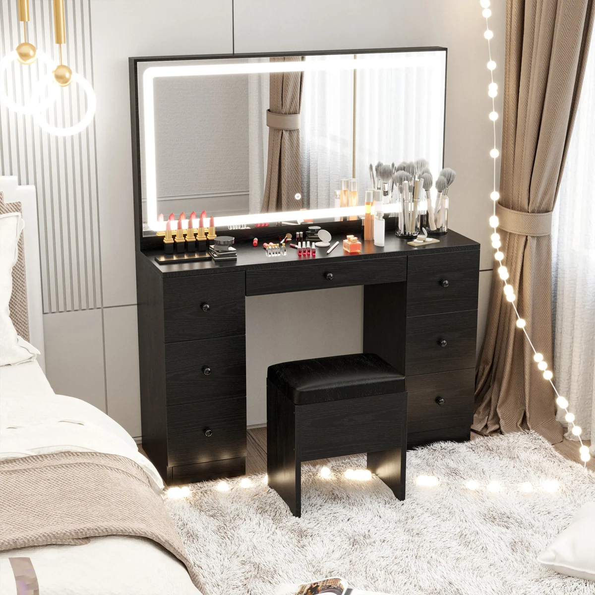 43" W 7-Drawer Makeup Vanity Set with LED Lighted Mirror and Power Outlet