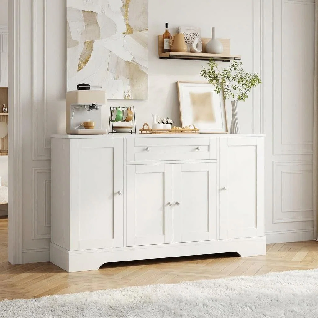 55" Sideboard Buffet Cabinet, Wood Coffee Bar Station with Adjustable Shelves, Credenza Console Table, Floor Cupboard Cabinet for Living Room, White