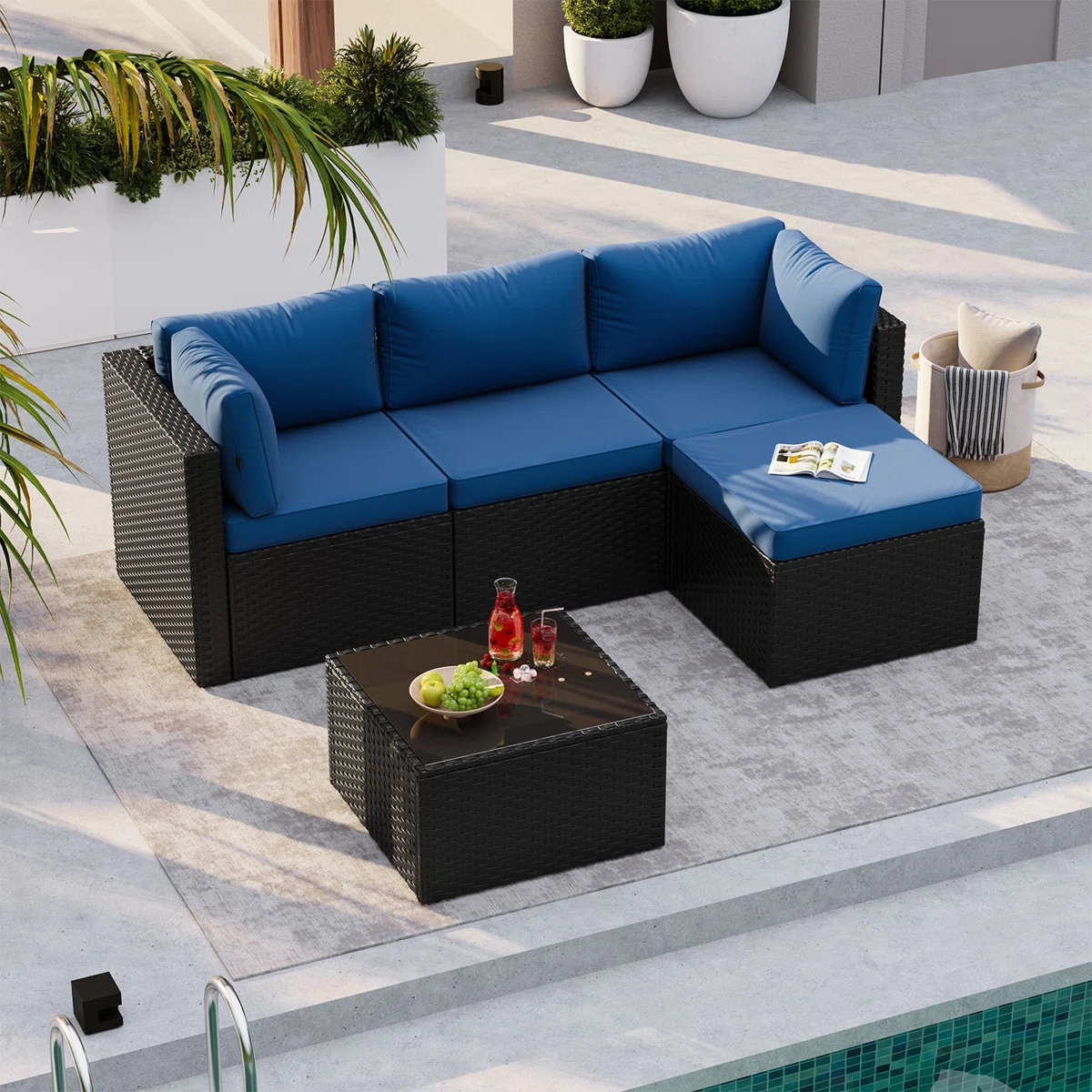3-piece Outdoor Patio Conversation Set, Pe Rattan Wicker Seating Group With Ottoman & Coffee Table
