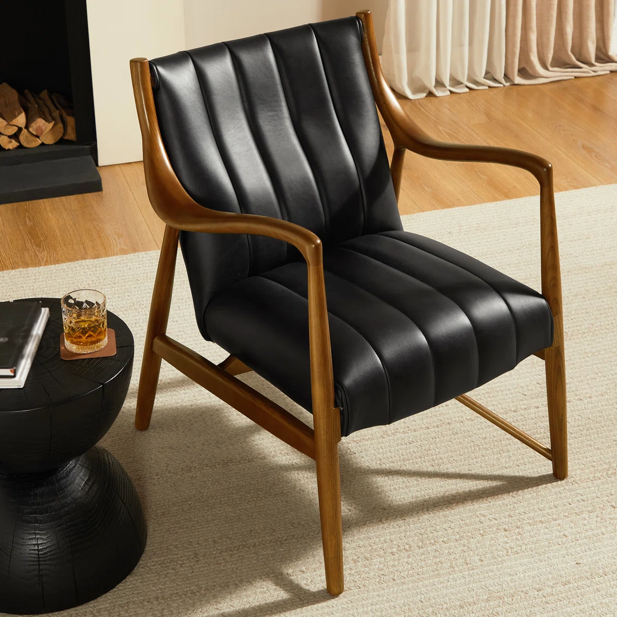 Genuine Leather Upholstered Tufted Accent Armchair With Solid Wood Frame