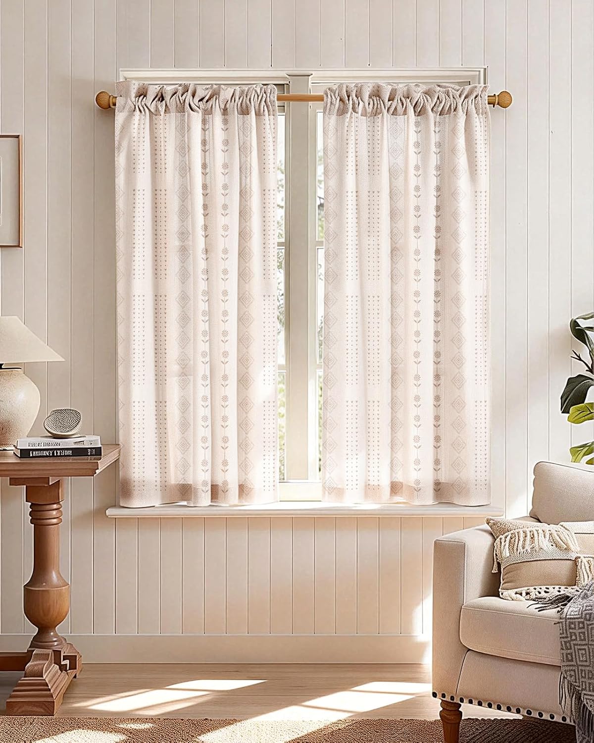 Miss Adola Farmhouse Kitchen Curtains - 24 Inch Length Boho Linen Blend Striped Kitchen Window Tier Curtains Beige Cafe Drapes Rod Pocket for Windows Light Filtering, 2 Panels Striped Farmhouse 28W x 24L (Pack of 2)