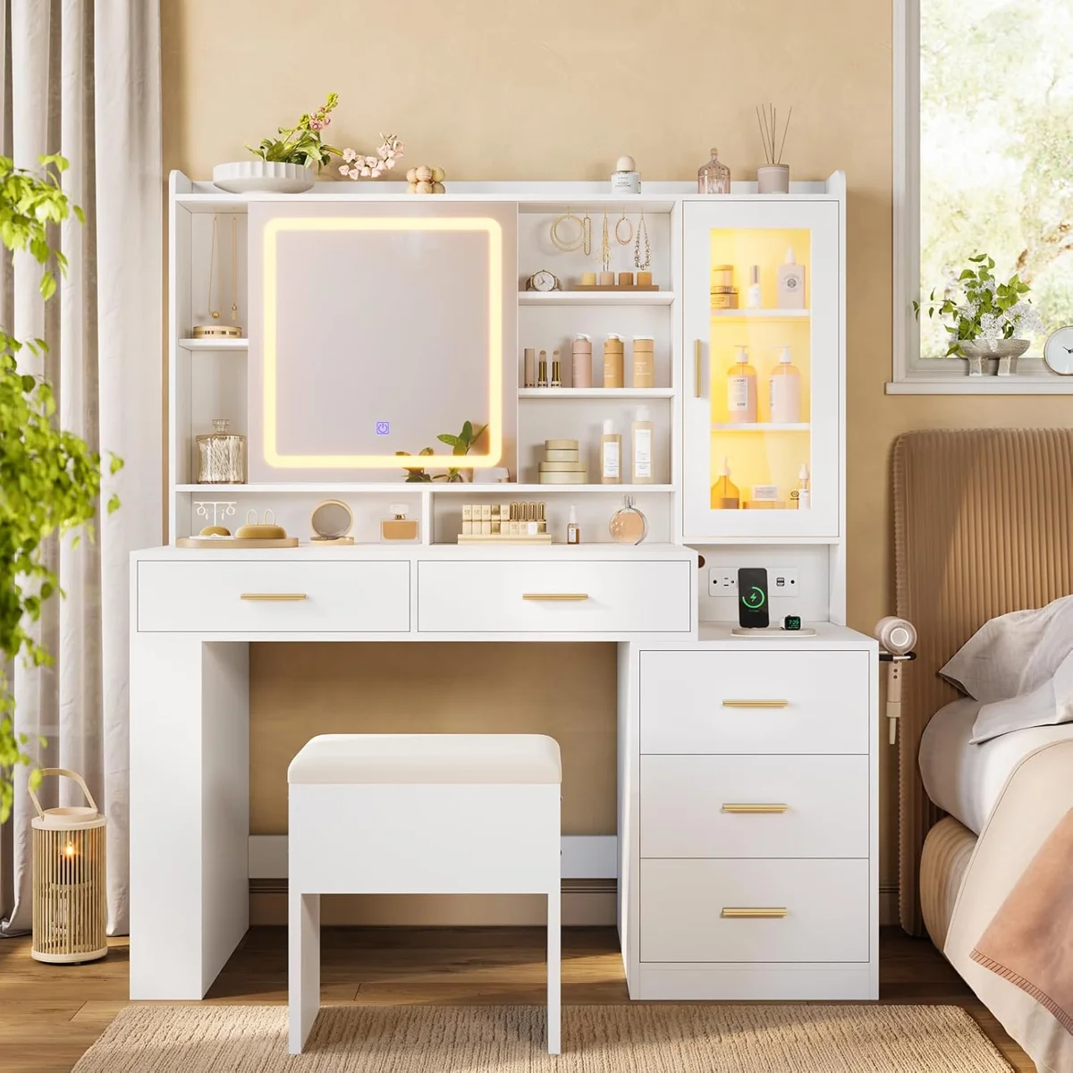 Complete Set of 2 Makeup Vanity Desk With Sliding Led Lighted Mirror & Rgb Glass Cabinet, 47.2" Large Vanity Table With Shelves, Drawers & Side Storage, White Makeup Table Set With Charging Station For Bedroom