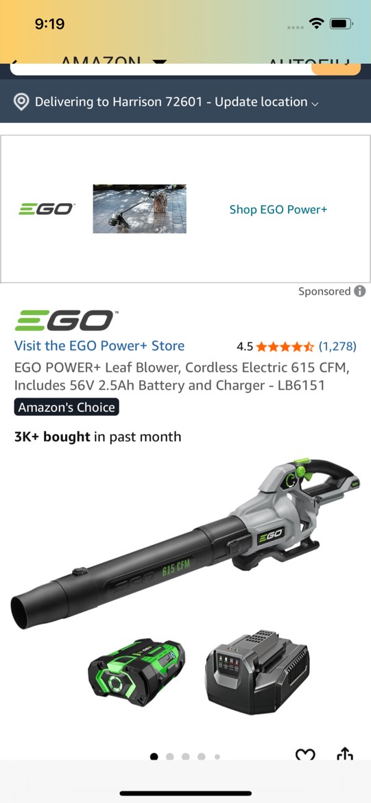 (no battery or charger)incomplete ego 615 cfm cordless blower