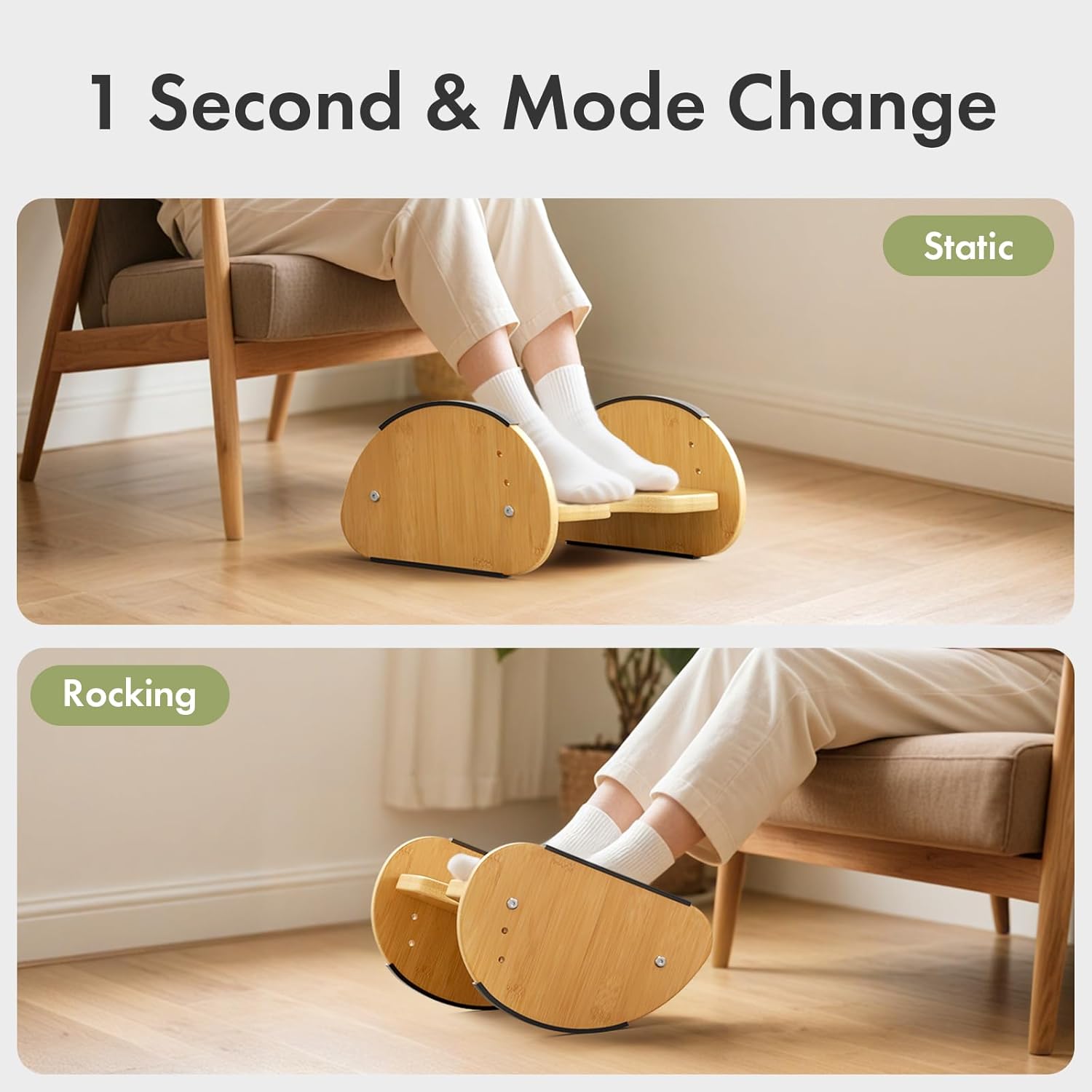 Amazer Bamboo Foot Rest for Under Desk at Work, 2-in-1 Reversible Rocking Footrest Adjustable Foot Stool, Ergonomic Footrest for Under Gaming Desk, Feet Support Leg Footstools for Home Office Natural Color Footrest without Cushion