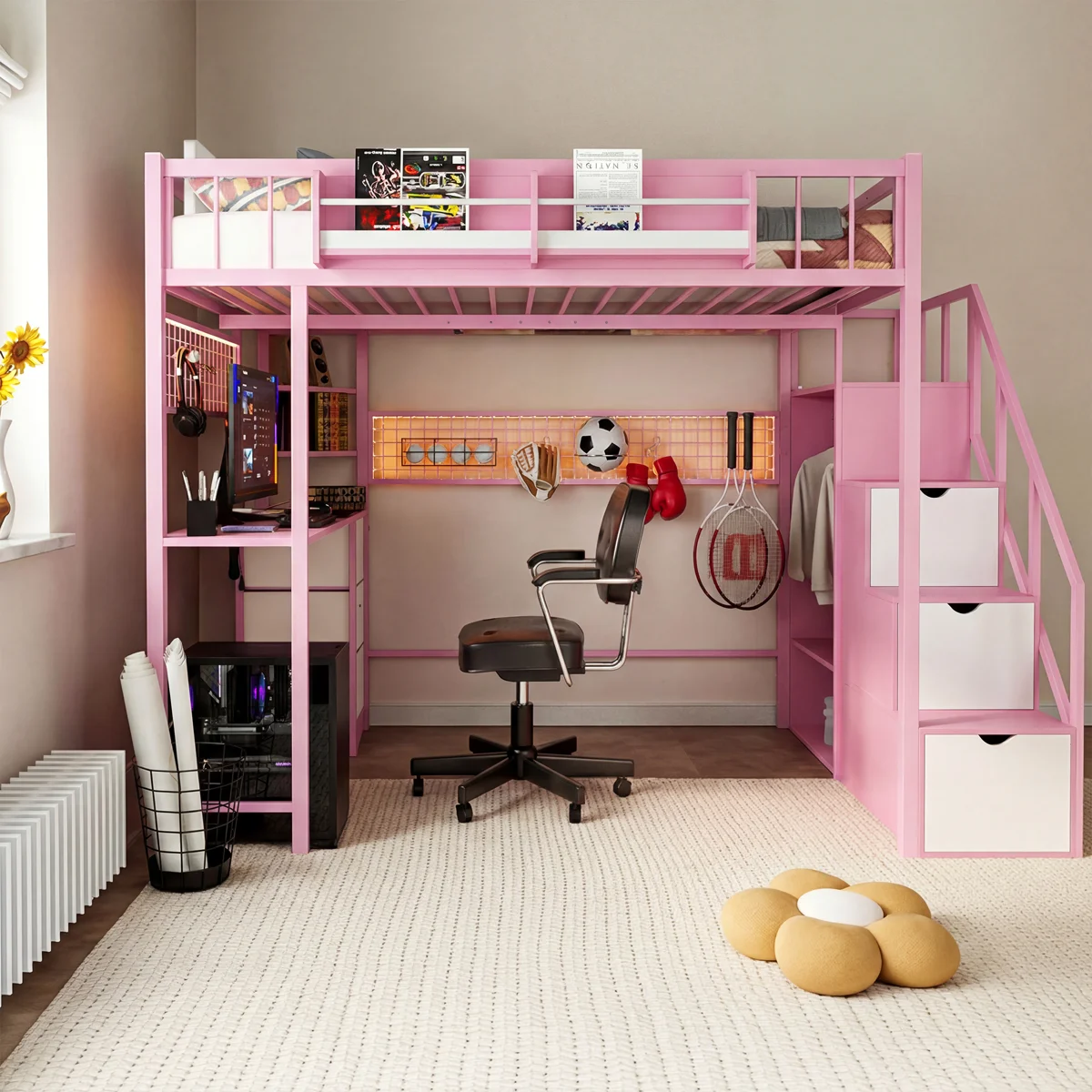 Loft Bed with Built-in Desk, Stairs and Wardrobe, Space-Saving Metal Frame with Charging Station, LED Lights and Storage for Adults (Box 3)