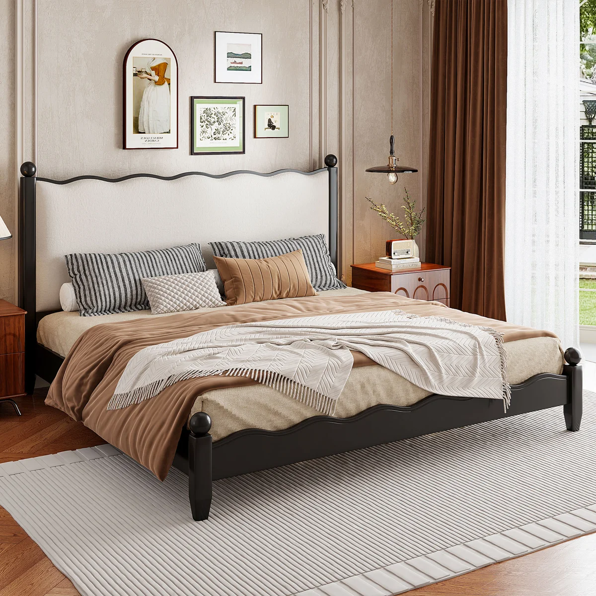 King Size Wood Platform Bed with Upholstered Headboard, Modern Solid Wood Bed Frame, Black & Beige