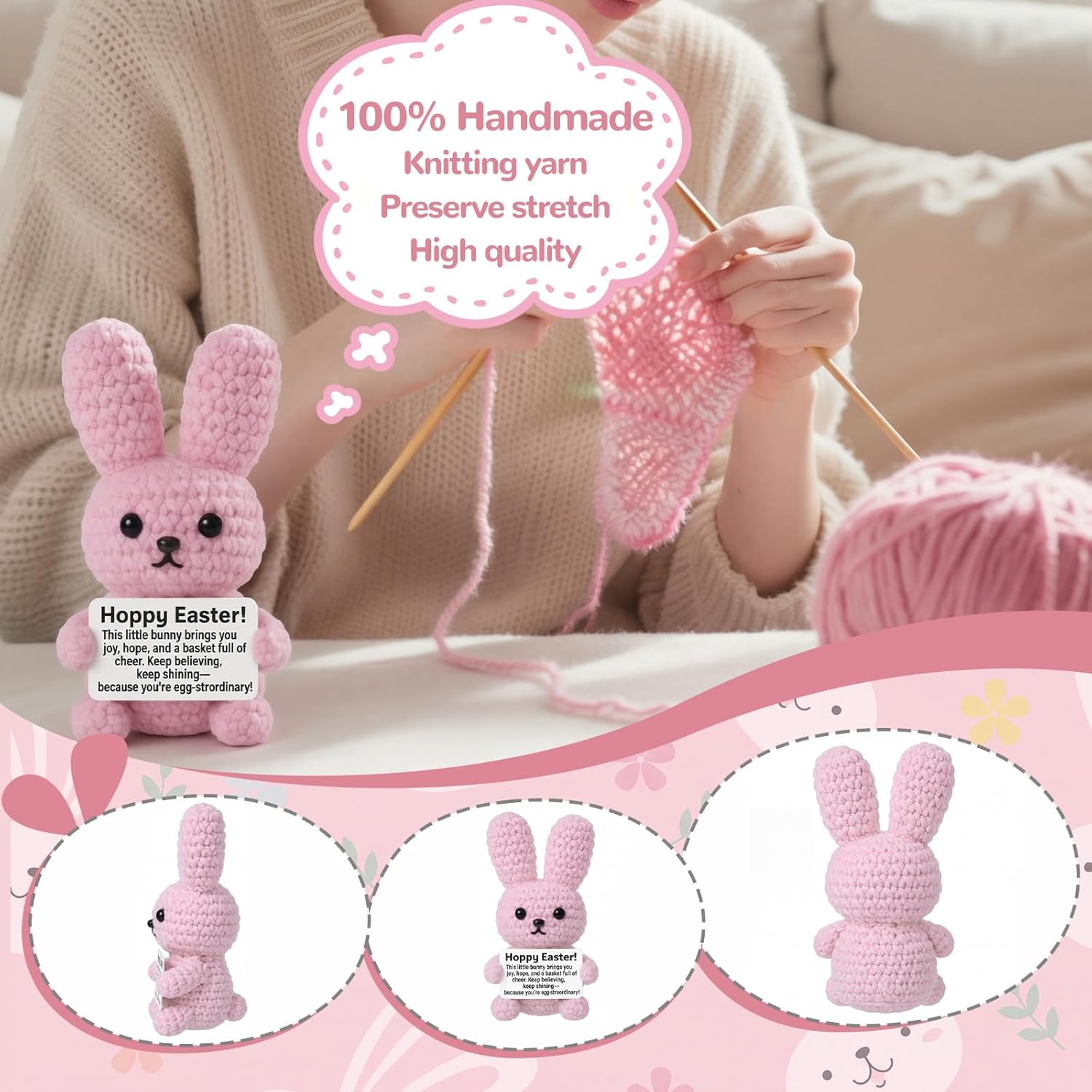 Jenaai 6 Pack Easter Crochet Bunny Set Bulk with Organza Gift Bags 5'' Knitted Bunny Handmade Positive Decorations for Easter Basket Stuffers Egg Filler Spring Emotional Gift Party Favors
