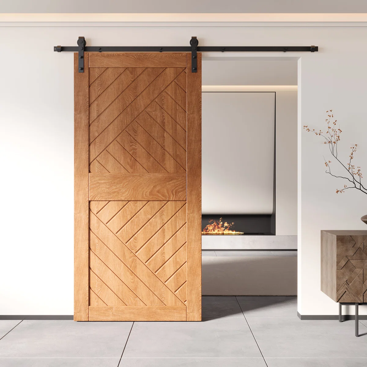 Homacer Geometric Design Early American Finished & Unassembled Pine Wood Barn Door (Interior Use Only)