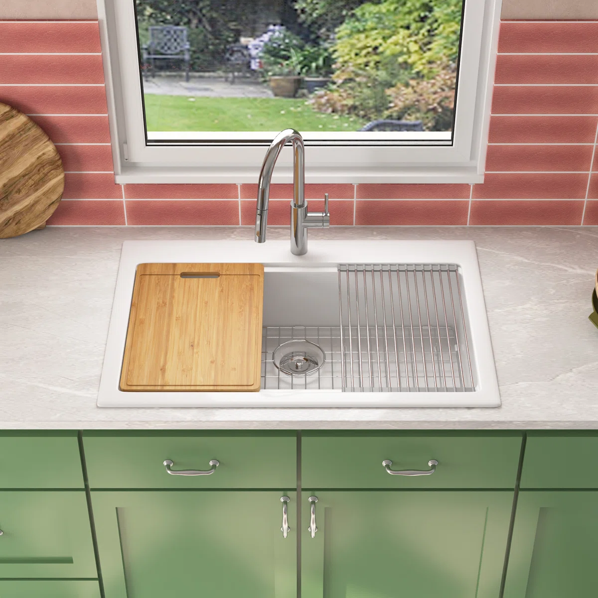 DeerValley 33" L x 22" W Single Bowl Fireclay Workstation Drop-In / Undermount Kitchen Sink with Dish Drying Rack and Cutting Board