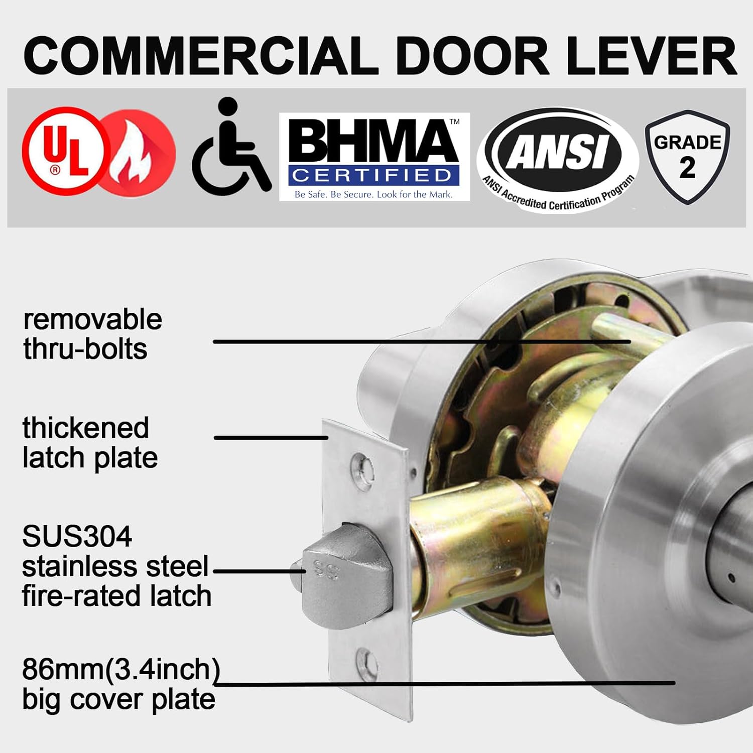 Keyed Entry Grade 2 Commercial Door Locks Heavy Duty Office Door Lever, Non-Handed, UL 3 Hour Fire Rated, ADA Compliant, Satin Chrome Finish 26D, 2-3/4''Backset X-XG-ET-70