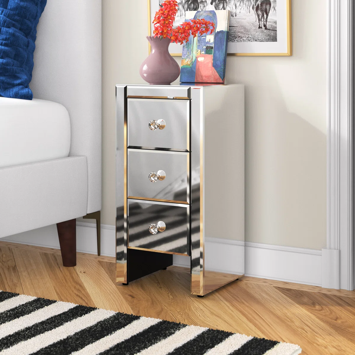 Jeanine 3 - Drawer Glass Nightstand in Silver