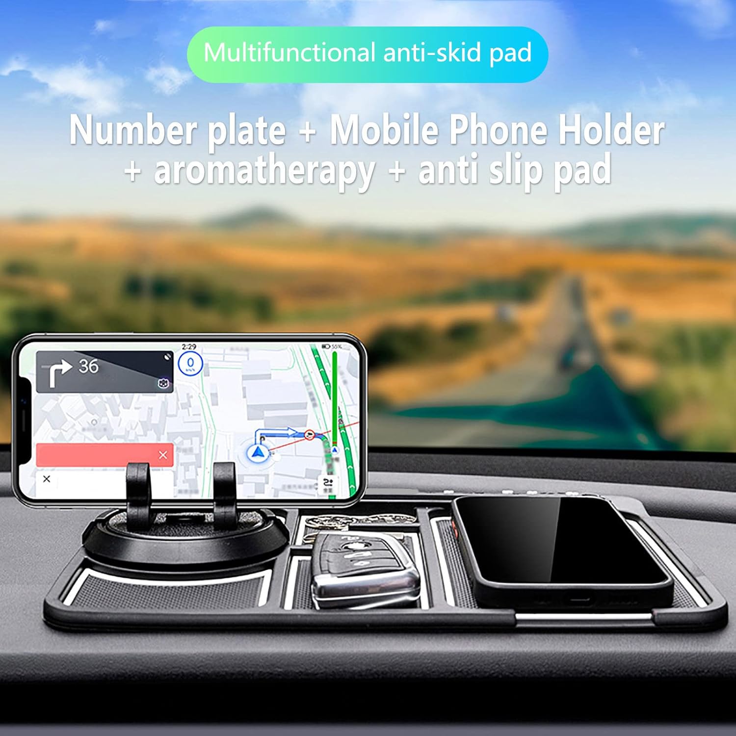 Non-slip Phone Pad for 4-in-1 Car, 2023 New Cool Glow in the Dark Car Dashboard Phone Mat with Temporary Car Parking Card Number Plate and Aromatherapy, Anti-shake Pad Universal Phone Holder (White)