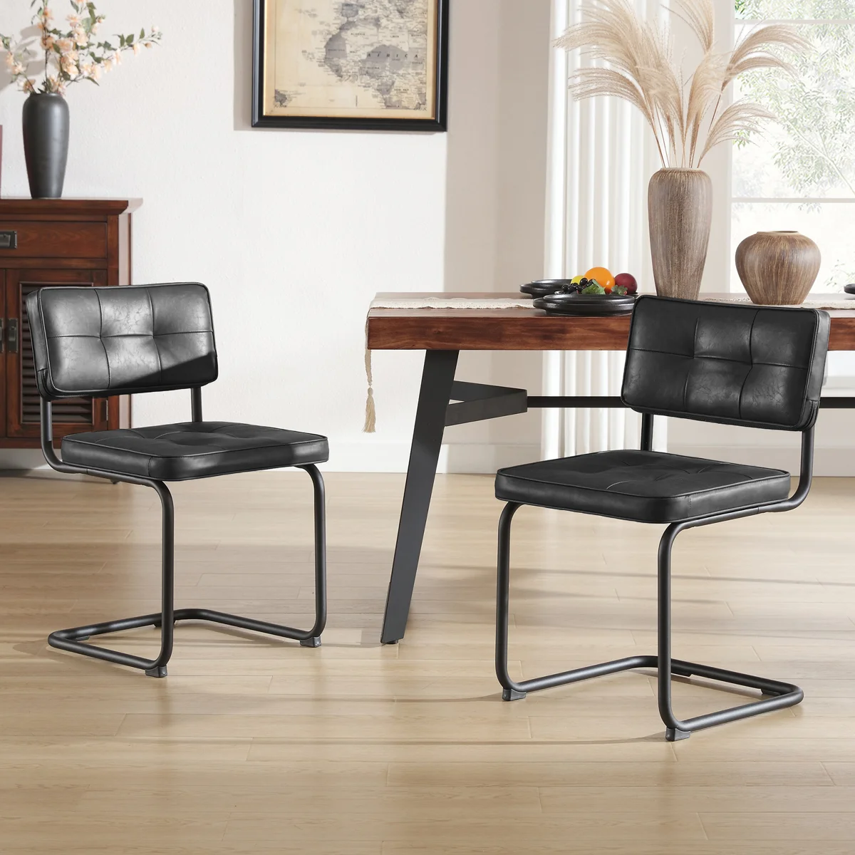 Marlow 19.3" H Mid-Century Modern Tufted Faux Leather Side Dining Chair with Steel Frame