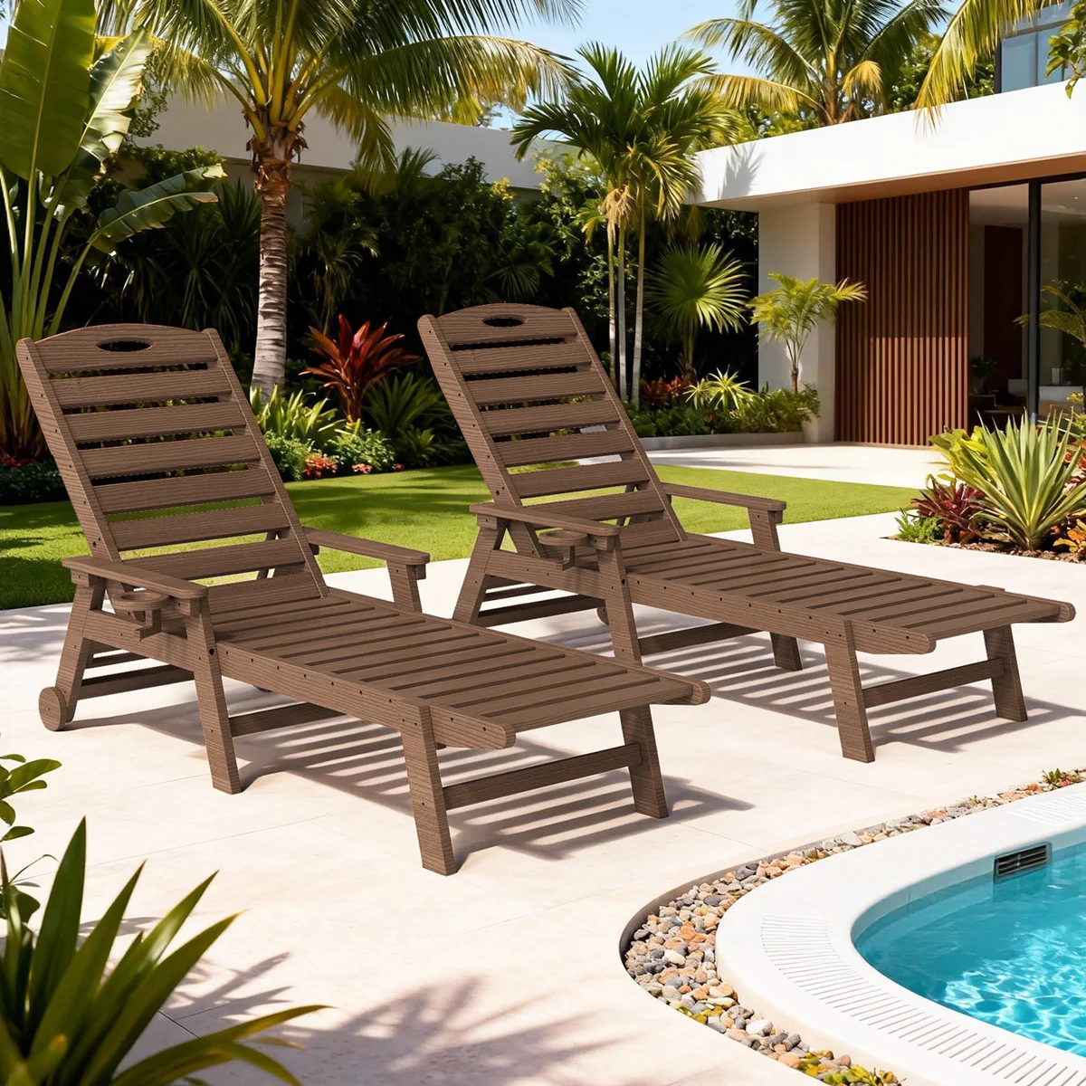 2-Piece All-Weather HDPE Wood Look Outdoor Chaise Lounge with Wheels, Cup Holder & 5-Position Adjustable Backrest