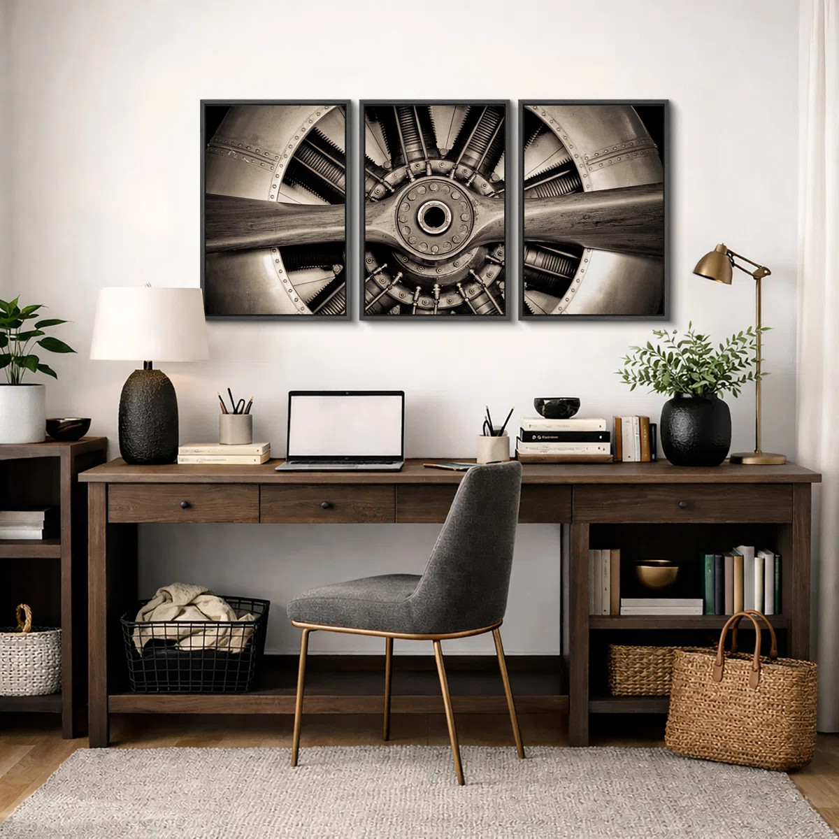 Closeup of Vintage Propeller Aircraft - 3 Piece Wrapped Canvas Photograph Print Set