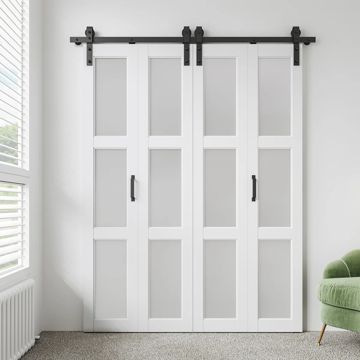 3-Lite 84" Frosted Glass Bi-fold Barn Doors Double Doors with Installation Hardware Kit