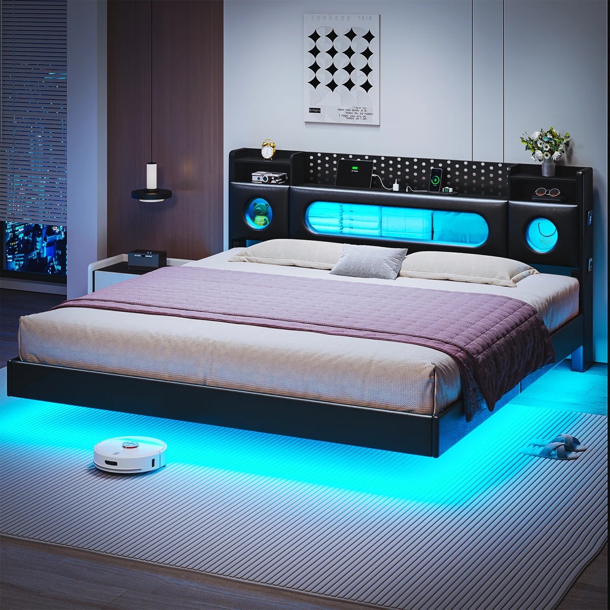 (Hardware only) Floating Bed Frame with Storage Headboard, Platform Bed with Storage & LED Lights,Metal Bed Frame, No Box Spring Needed, Noise-Free, Easy Assembly, PU Black