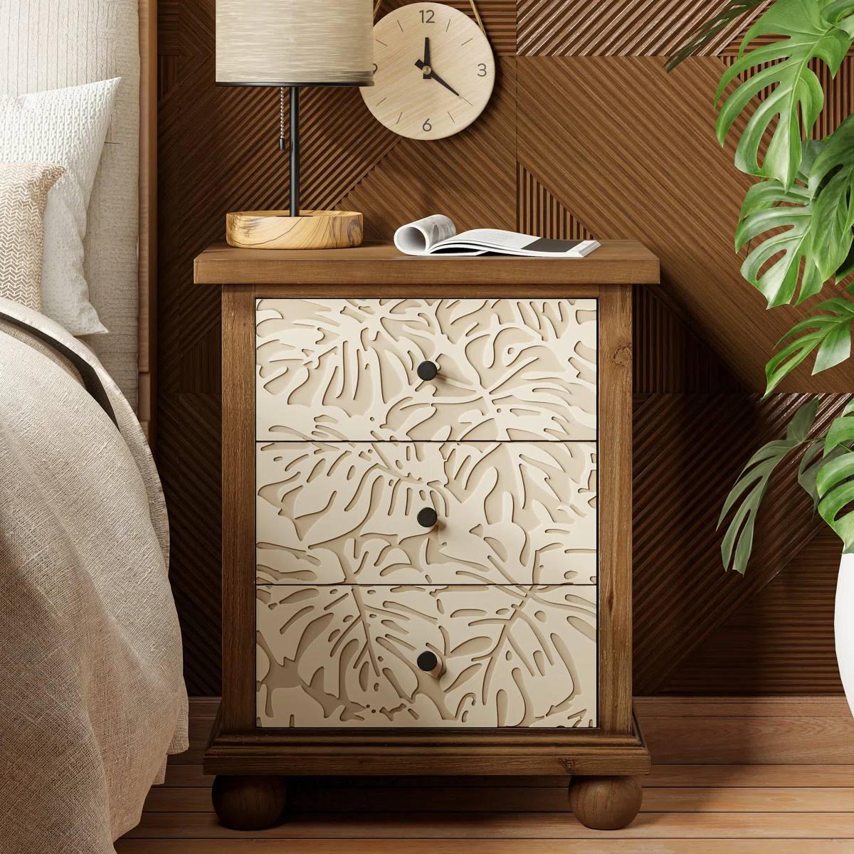 Marro Rustic Farmhouse 3-Drawer Nightstand With Leaves Pattern Carved