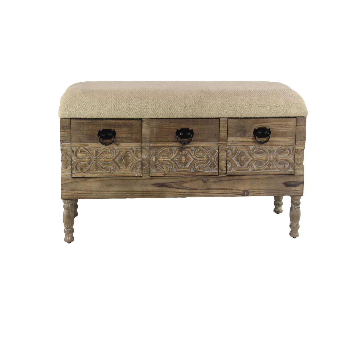 (Needs repair)Wood Intricately Carved Floral Room Brown Storage Bench with Cream Burlap Top