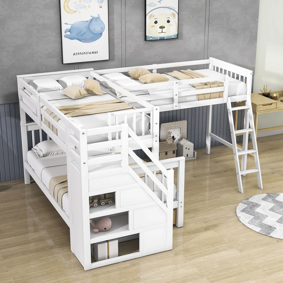 Fabriana Twin Over Full & Twin 3 Drawers L-Shaped Bunk Bed with Storage
