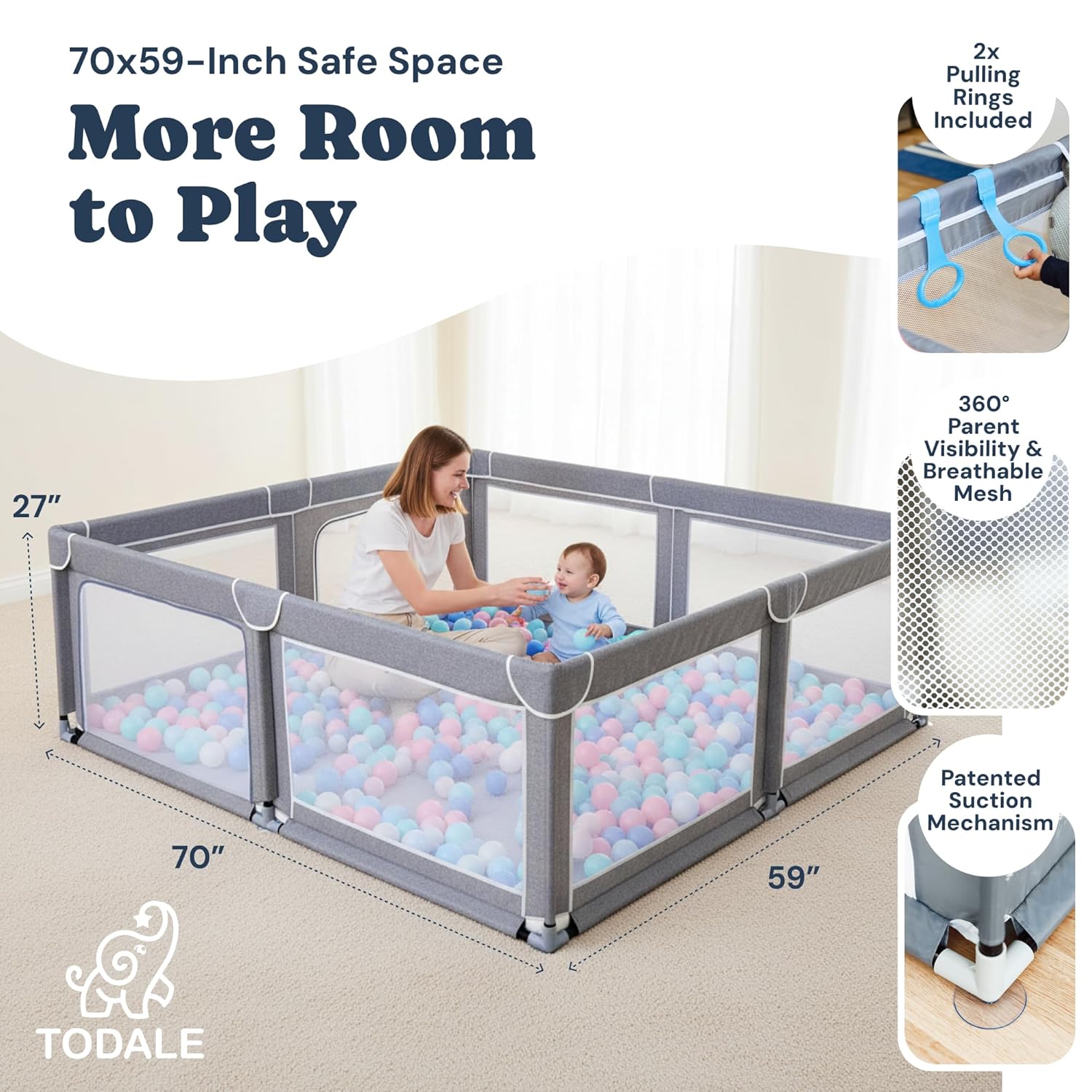 Todale Baby Play Yard - 70 x 59 in, Grey - Extra Large Mesh Playpen for Babies & Toddlers - Tear-Resistant Oxford Fabric & Suction Cup Feet - Breathable Zipper Gate & 360° Visibility Grey 70x59 Inch (Pack of 1)