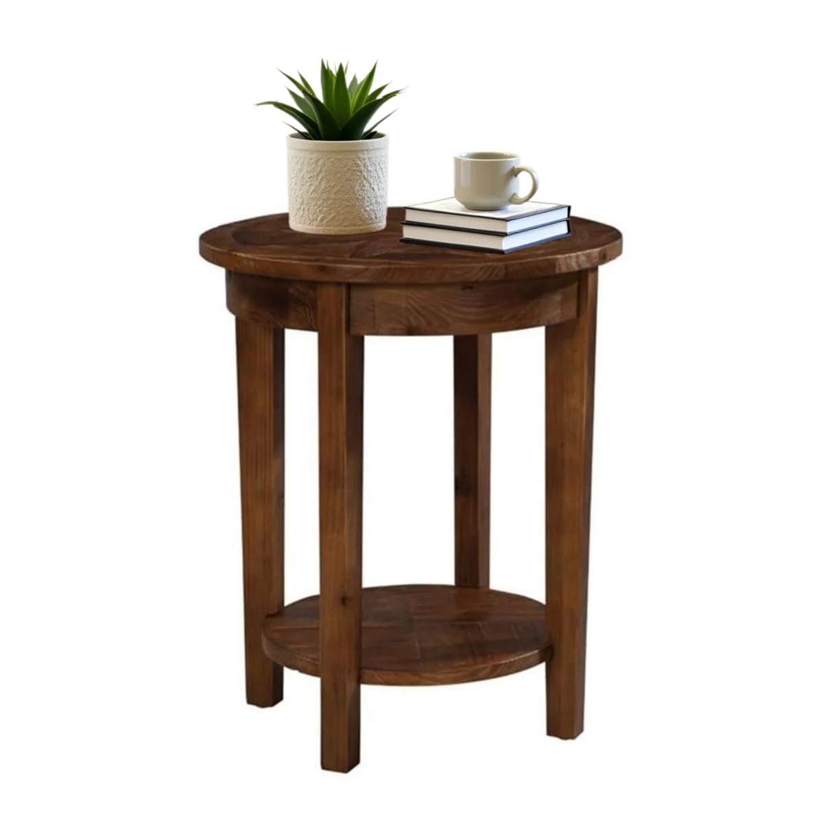 Mahkel Wide Rustic Industrial Antique Wooden Round End Table With 1 Open Shelf