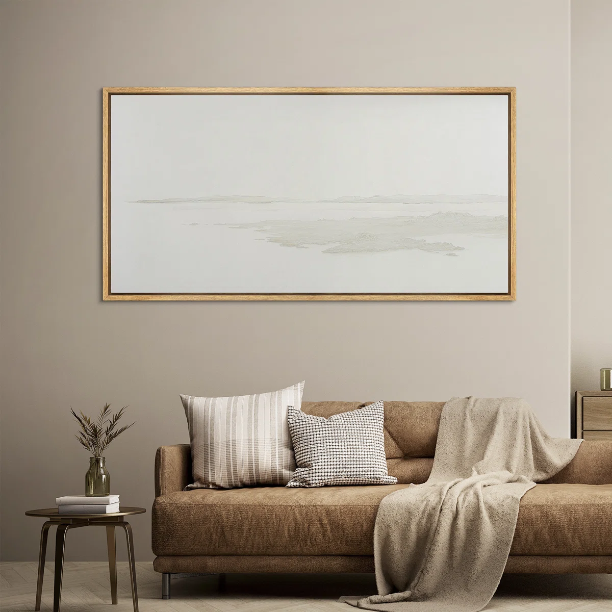 Minimal Neutral Horizon Coastal Landscape Wall Decor - Large Framed Canvas Master Bedroom Wall Art Print