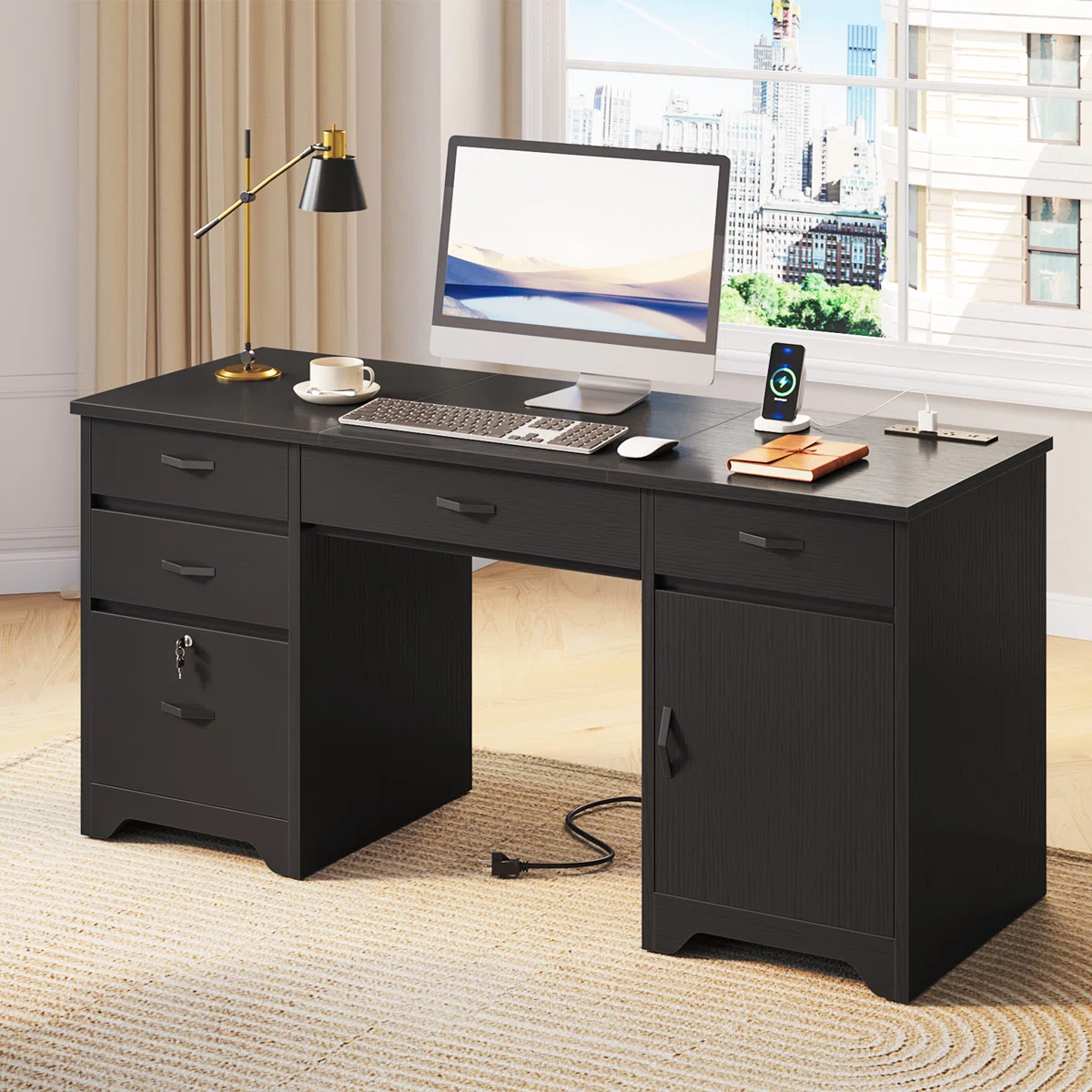 59"Computer Desk Black/White with Embeded Power Strip,Lockable Office Desk with Ample Storage