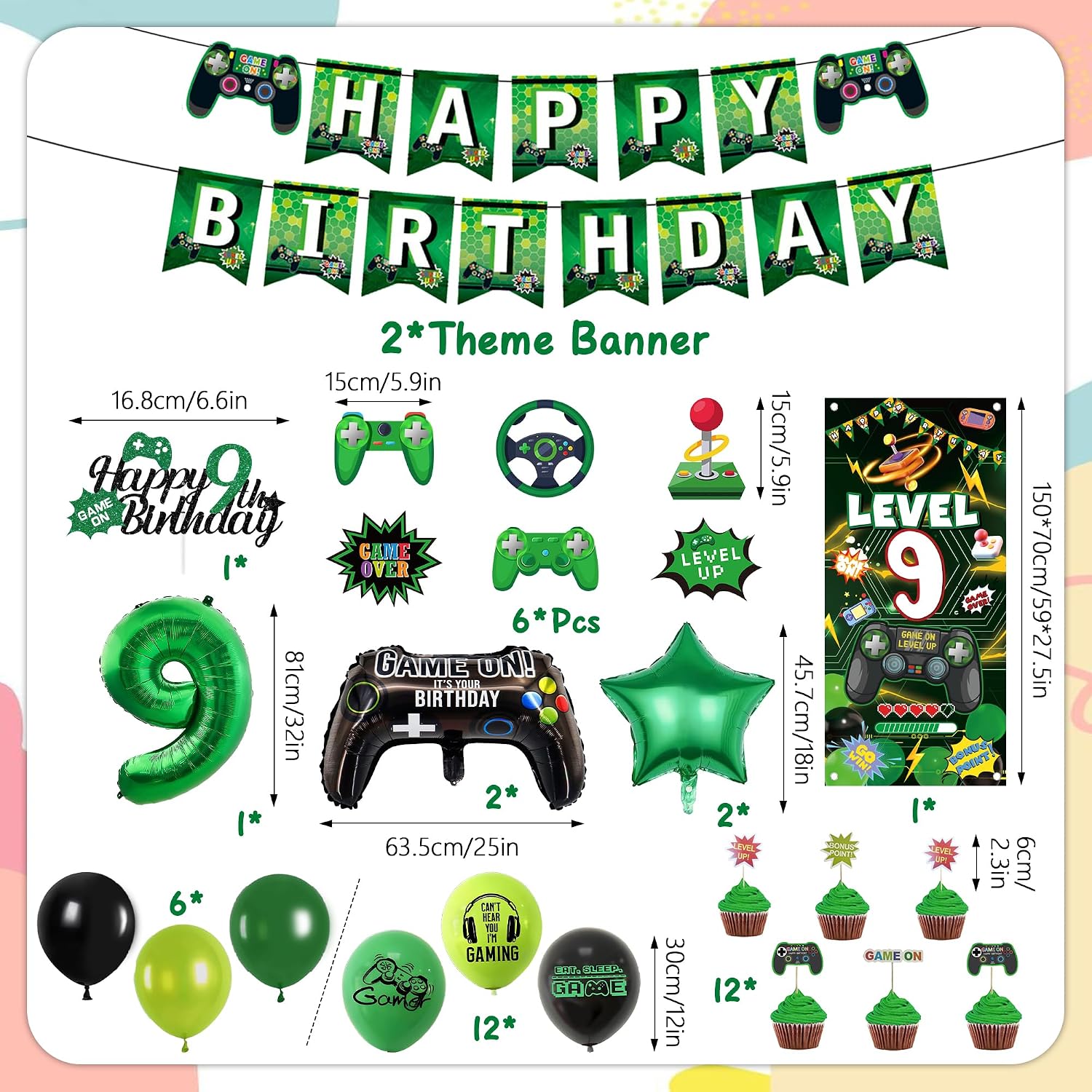 Vlipoeasn Green 9th Birthday Decorations - 44 Pcs Happy Birthday Banner Backdrop Number 9 Foil Balloon Hanging Swirls Cake Toppers Latex Balloons for Kids Boys Gamer 9 Years Old Party Decor Supplies