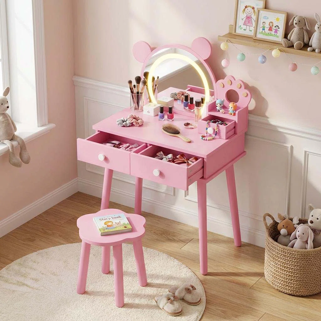Bear-Shaped Kids Vanity Table & Chair Set, Lighted Mirror, Wooden Princess Makeup Desk