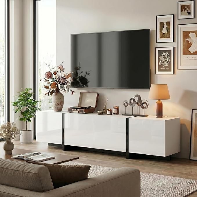67 Modern White TV Stand up to 70 Inch TV, Media Console with High Gloss Doors & Scratch-Resistant Matte Top, Entertainment Center with Cable Management & Storage Cabinet for Living Room