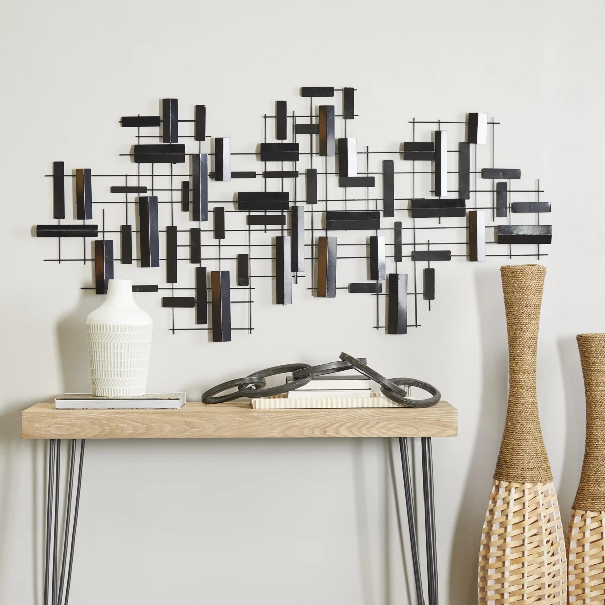CosmoLiving by Cosmopolitan Black Metal Geometric 3D Stripes Home Wall Decor, 60" x 1" x 30"