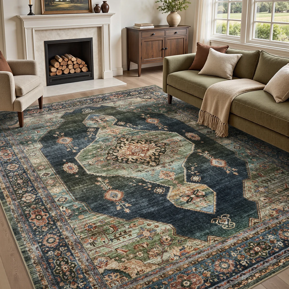 Vintage Persian Style Rug, Soft Non-Slip Machine Washable Green/Blue Area Rug For Living Room And Bedroom