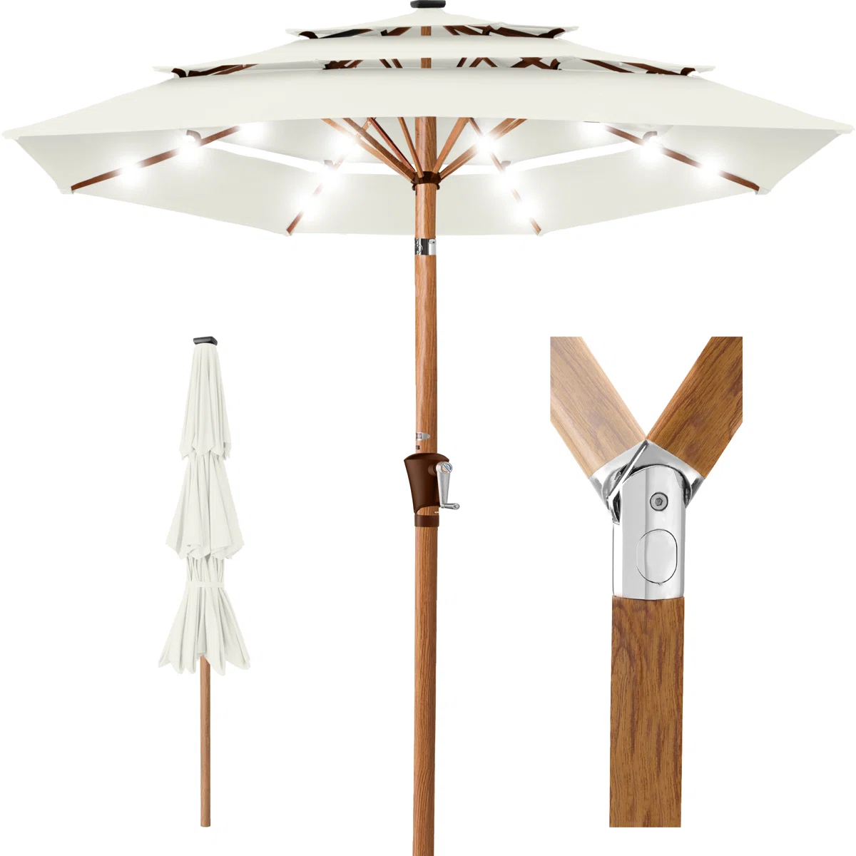 Woodgrain Pattern 10Ft 3-Tier Solar Patio Umbrella W/ 24 LED Lights, Tilt - Red